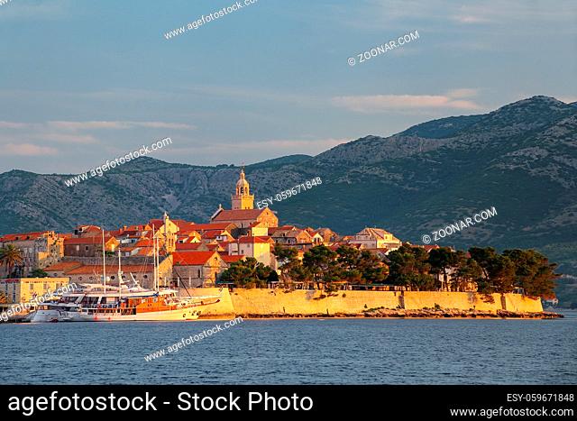 Korcula old town in early morning light, Croatia. Korcula is a historic fortified town on the protected east coast of the island of Korcula