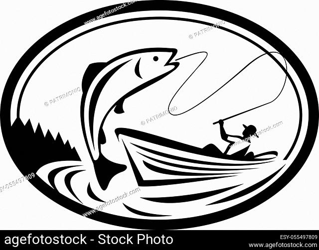 Black and White Illustration of a fly fisherman fishing on boat reeling a trout salmon fish set inside oval shape done in retro style