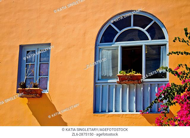 bright terra cotta orange stucco wall house with blue windows with planters in Greece, on the island of Santorini
