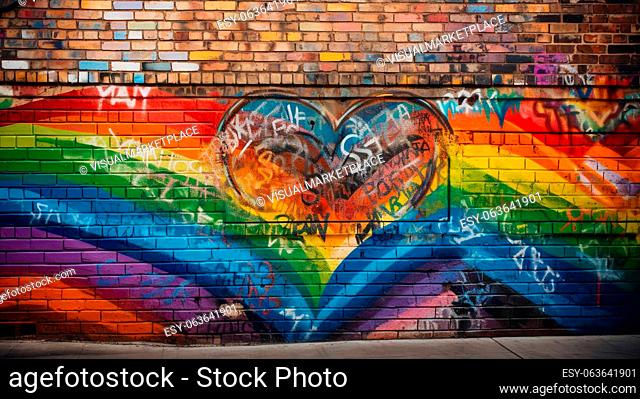 An old brick wall, covered in graffiti art representing a rainbow and symbols of lesbian pride and diversity