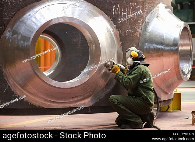 RUSSIA, ROSTOV-ON-DON REGION - FEBRUARY 8, 2023: A worker cleans for non-destructive testing a vessel shell for Unit 6 of India's Kudankulam Nuclear Power Plant
