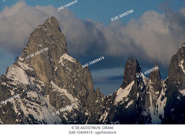 Aiguille Noire de Peuterey (3, 773 metres) and Les Dames des Anglaises (3, 601 metres), Mont Blanc massif, Graian Alps, Aosta Valley, Italy