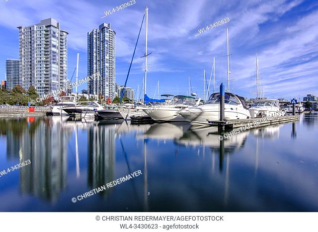 Yaletown's marina in Vancouver, British Columbia, Canada during a sunny fall day in October 2019