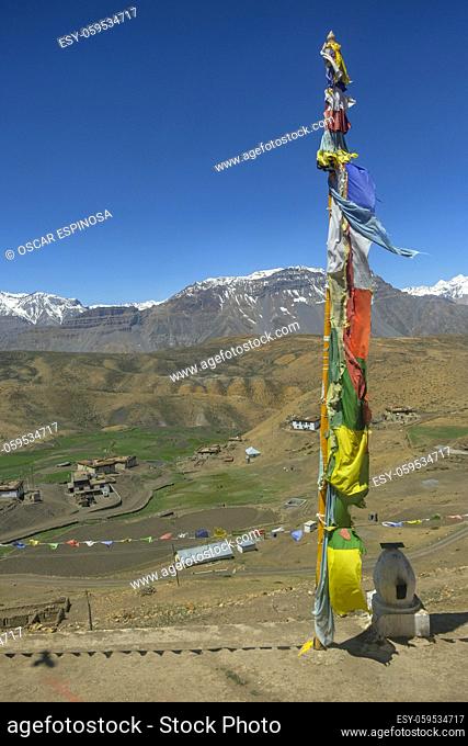 Views of the village of Komic from Tangyud Monastery in Spiti valley, Komic, Himachal Pradesh, India
