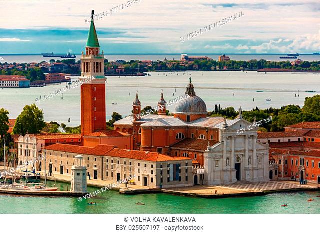 View from Campanile di San Marco to San Giorgio Maggiore island and church at summer morning in Venice, Italy