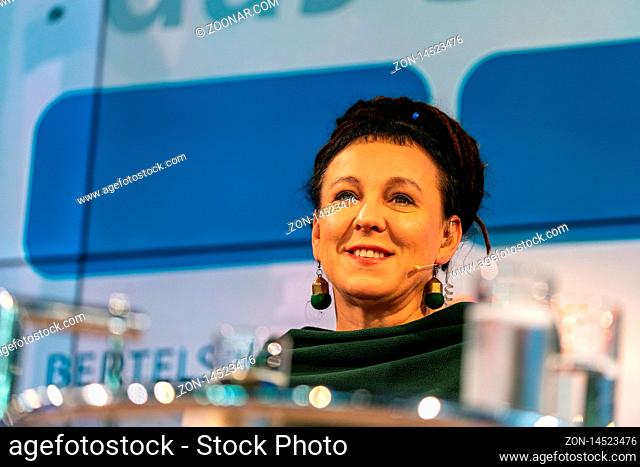 FRANKFURT AM MAIN, Germany - October 16 2019: Olga Tokarczuk (*1962, author - Nobel Prize Winner in Literature 2018) talking on stage at 71st Frankfurt Book...