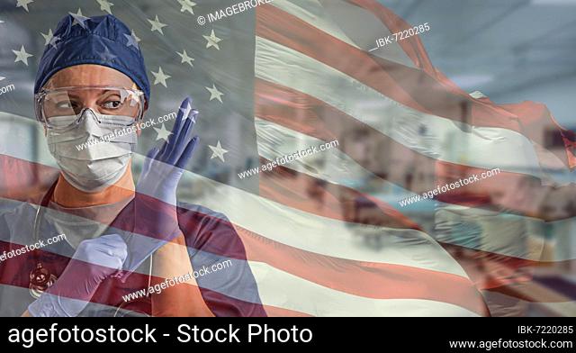 Doctor or nurse wearing medical personal protective equipment (PPE) within hospital against ghosted american flag