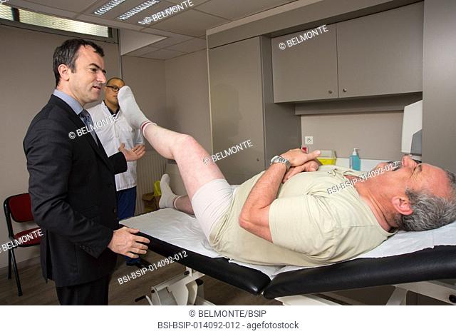 Reportage in Nollet Clinic in Paris, France. Consultation with Dr Nogier, a hip surgeon. Psoas syndrome, pain when the hip is raised