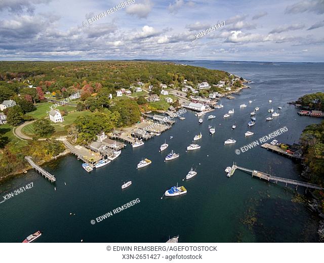 Aerial view of boats on the water in New Harbor, Maine