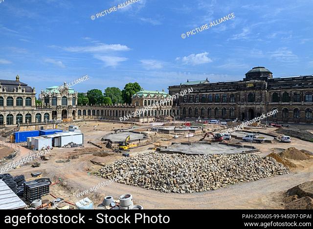 05 June 2023, Saxony, Dresden: View of the construction site at the Dresden Zwinger. The entire Zwinger courtyard has been a major construction site since March...