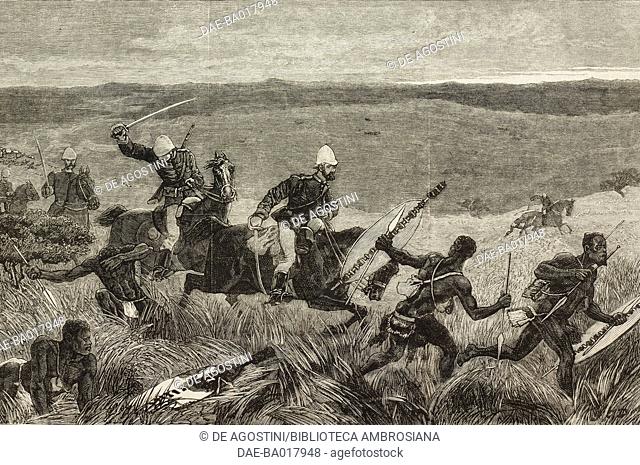 Pursuit of Zulu warriors after the battle of Ginghilova, Anglo-Zulu War, illustration from the magazine The Graphic, volume XIX, no 496, May 31, 1879