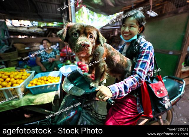 MYANMAR, BAGAN - OCTOBER 28, 2023: A woman with a dog at Nyaung U Market. Yuri Smityuk/TASS