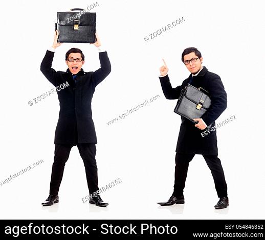 The young man holding suitcase isolated on white