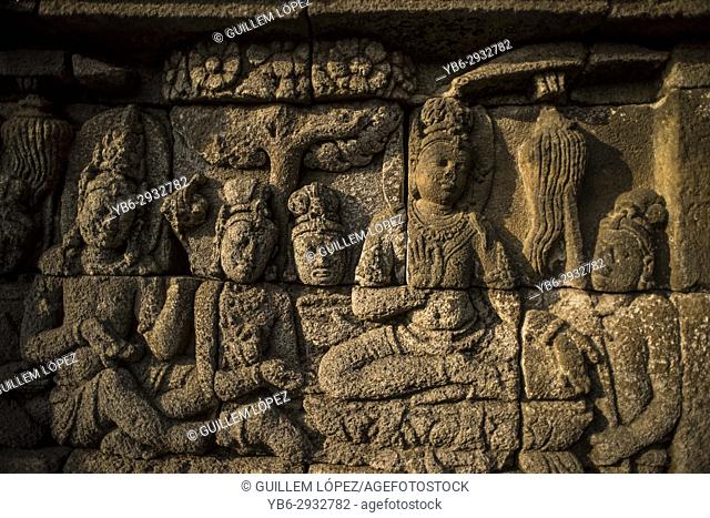 Buddhist stone carvings at the Borobudur temple in Java, Indonesia