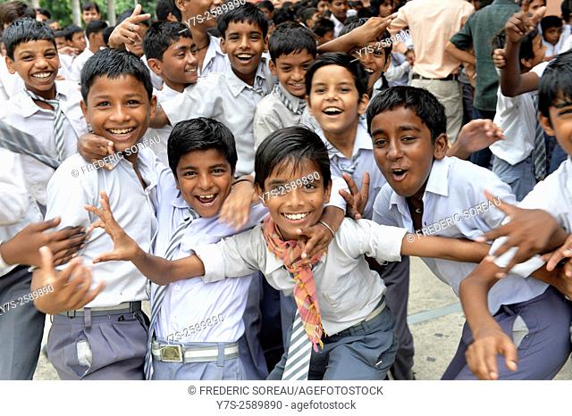 group of indian boys wearing school uniform in Delhi, India