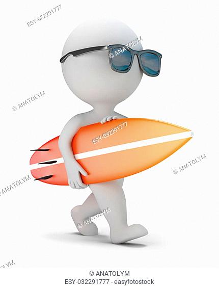 3d small person in sunglasses walking with surfboard. 3d image. White background