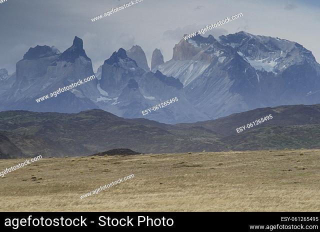 Cordillera Paine with the Paine Horns and Towers of Paine. Torres del Paine National Park. Ultima Esperanza Province. Magallanes and Chilean Antarctic Region