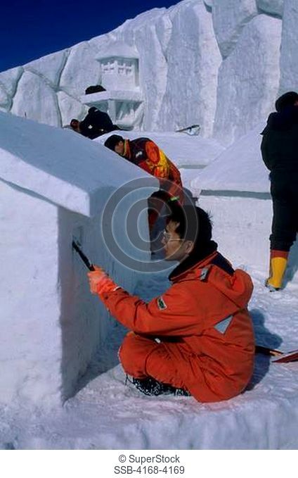 Japan, Hokkaido Island, Abashiri, People Building Ice Sculptures