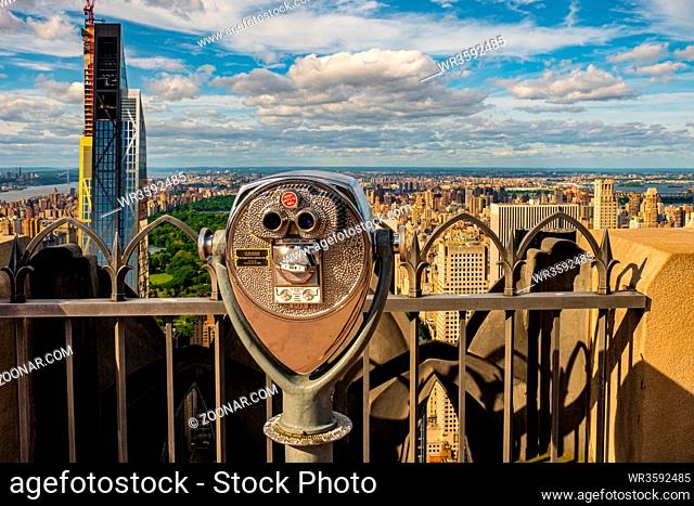 New York City - USA - May 24 2019: Up town and Central Park of New York cityscape view from rooftop Rockefeller Center