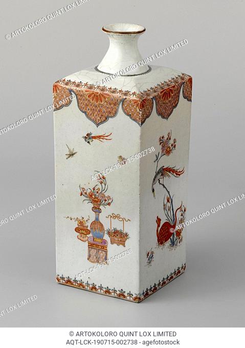 Square bottle with flowering plants, a dragon, birds, flower vases and insects, Square porcelain bottle, painted on the glaze in blue, red, green, yellow