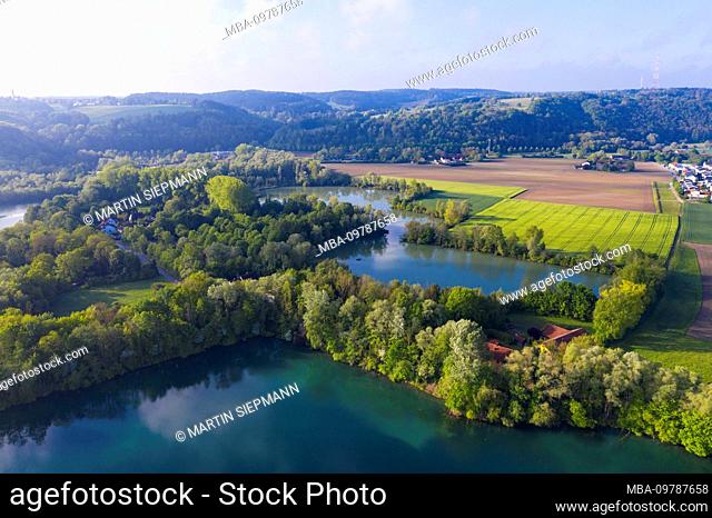 Pond in the recreational area Gretlmühle near Landshut, drone shot, Lower Bavaria, Bavaria, Germany