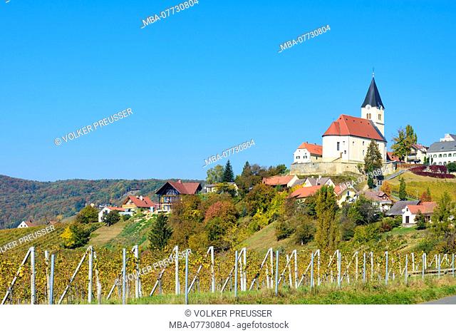 Sankt Anna am Aigen, church in Sankt Anna am Aigen, vineyard, wine growing area in Steirisches Thermenland - Oststeiermark, Steiermark, Styria, Austria