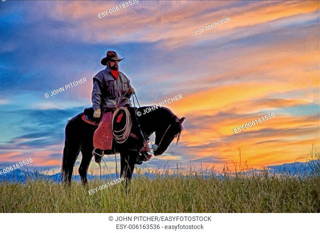 Cowboy on horseback against vibrant dawn sky