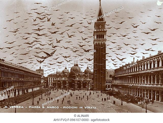 Venice, St. Mark's Square with pigeons in flight, postcard (XII-XX century), shot 1910 ca. by Brocca G