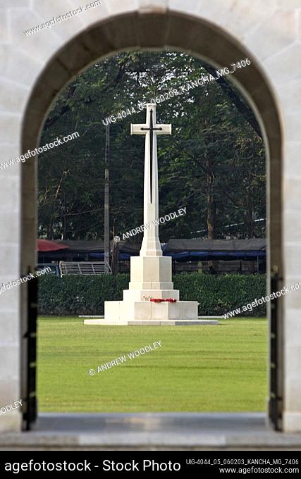 Don Rak Kanchanaburi War Cemetery cross through entry arch Thailand