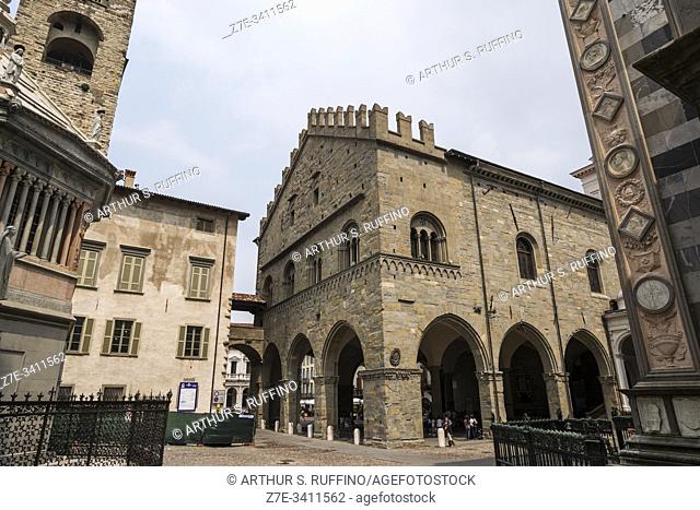 Baptistery, Civic Tower (Torre Civica), and Palazzo della Ragione. View from Piazza del Duomo (Cathedral Square), Upper City (Città Alta), Bergamo, Lombardy