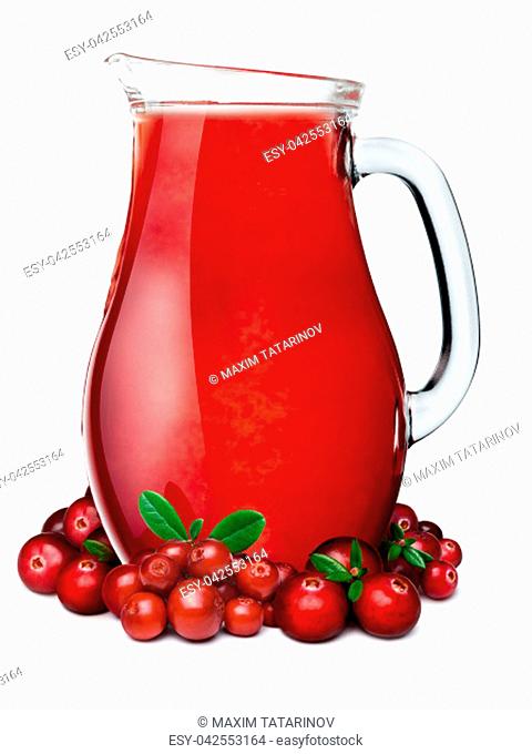 Cranberry lingonberry smoothie pitcher or jug with cranberries and lingonberries on foreground. Separate clipping paths for whole composite and for shadow