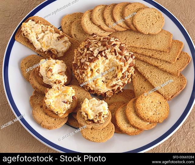 Cheese and Cracker Platter; Cheese Ball Spread on a Few Crackers