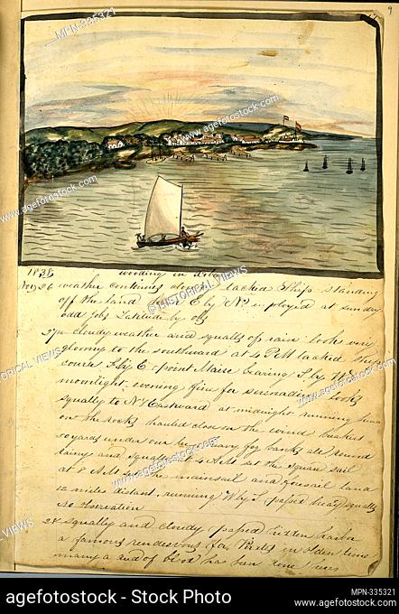 Wooding in Xibara [Sailboat in harbor carrying lumber.]. Meyers, William H., b. 1815 (Creator). William H. Meyers diary. Date Created: 1838 - 1839