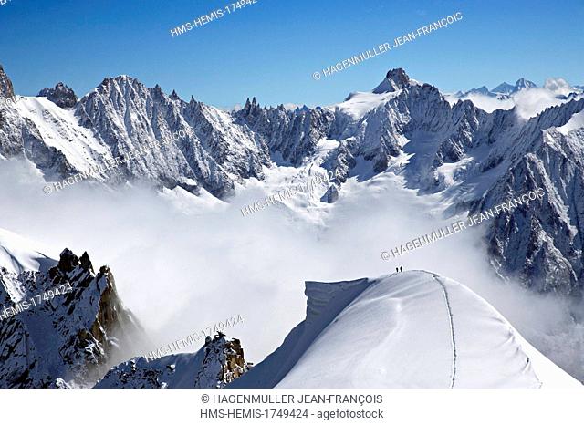 France, Haute Savoie, Chamonix, the Courtes (3858m), alpinist on the Midi Plan ridge, Mont Blanc Massif