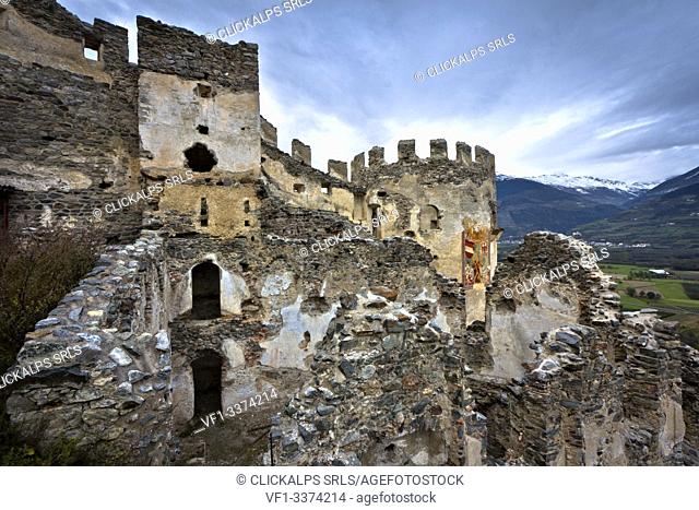 Medieval ruins of the Montechiaro Castle, Prato dello Stelvio, Bolzano province, Trentino Alto-Adige, Italy, Europe