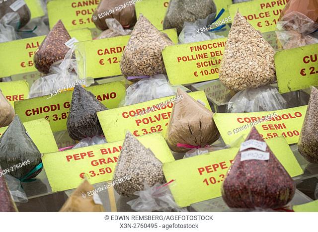 Rome, Italy- Bags of spices for sale in Campo de' Fiori, the largest and oldest outdoor market in Rome. It is located south of Piazza Navona