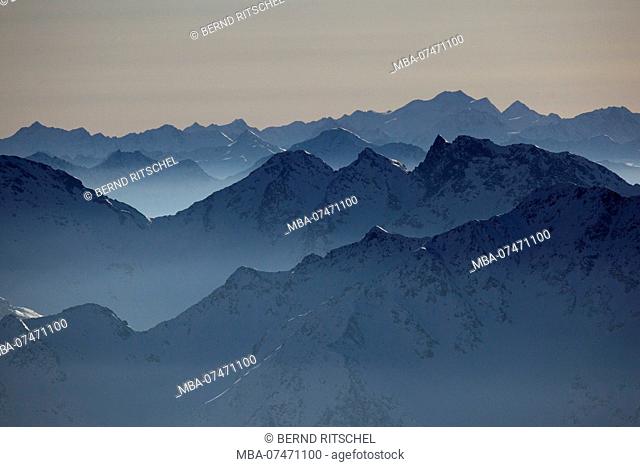 View from the Valluga to the Ötztaler Wildspitze at sunset in winter, Arlberg, Lechtaler Alps, Tyrol, Austria