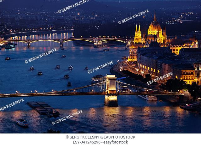 Budapest Parliament and Bridges illuminated in the evening, Hungary
