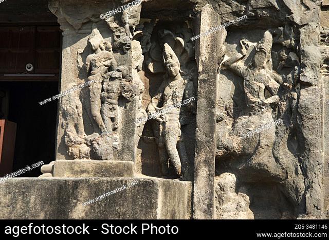 Ellora Caves, Aurangabad, Maharashtra, India Rock-cut cave temple No. 16 (Kailasa) South side, showing Shiva killing demon