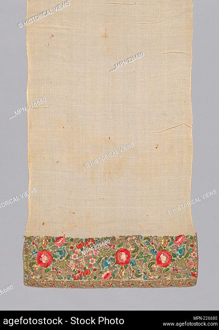 Towel - 1800-1850 - Turkey - Origin: Turkey, Date: 1800-1850, Medium: Cotton, plain weave; embroidered with silk, metal strip, and metal-strip-wrapped silk