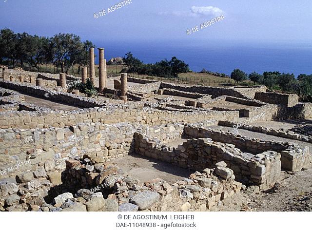 Ruins of Roman residential buildings in Tindari, Sicily, Italy. Roman civilization, 1st century BC