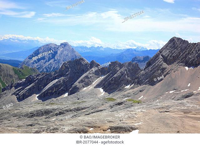 View from Mt Zugspitze across the peaks of the Wetterstein range, border between Bavaria, Germany, and Tyrol, Austria, Europe