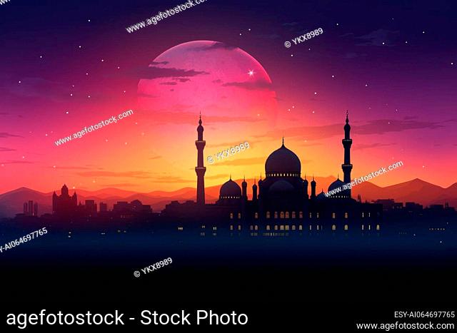 Silhouette of a mosque against a colorful sky for Mawlid festivities