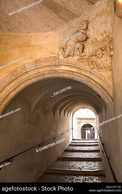 Sloping corridor leading in seven steps to the lower courtyard of the Hotel Lallemant, Bourges, Cher department, Province of Berry, Centre-Val de Loire region