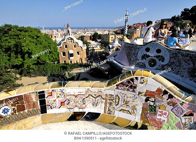 Park Güell. Garden complex with architectural elements situated on the hill of el Carmel. Designed by the Catalan architect Antoni Gaudí and built in the years...