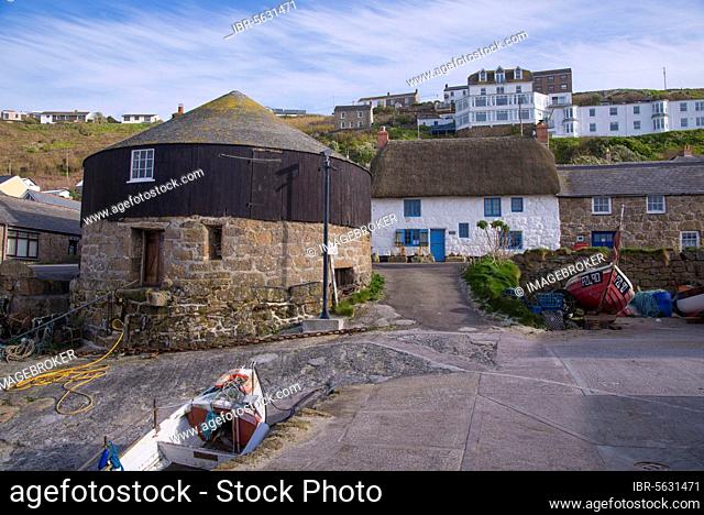 Coastal village with The Roundhouse (old capstan house), Sennen Cove, Sennen, Cornwall, England, United Kingdom, Europe