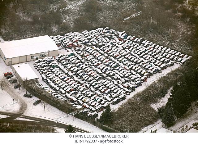 Aerial view, scrap yard, old cars, snow, Heessen, Hamm, Ruhr area, North Rhine-Westphalia, Germany, Europe