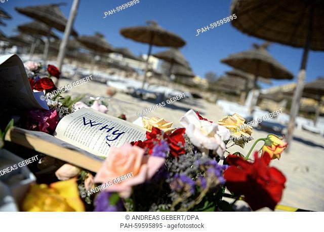 Notes and flowers can be seen on the beach og the Imperial Marhaba Hotel in Sousse, Tunisia, 28 June 2015. At least 38 people - mostly vacationers - were killed...