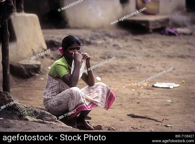 Betta Kurumba belle sitting in front of her hut, Tribal at Mudumalai, Nilgiris, Tamil Nadu, India, Asia