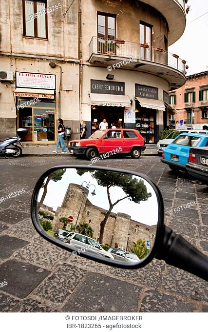 Castello Ursino Castle, seen through the rear-view mirror of a Vespa, Catania, Sicily, Italy, Europe